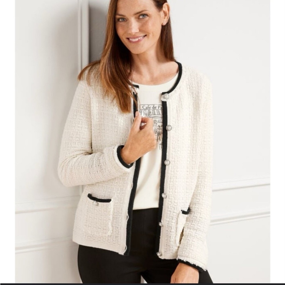 Talbots Ivory Tweed Fringe Pearl Button Cardigan Sweater